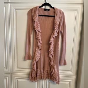 P Luca Milano Size Large Long Open Cardigan Sweater with Ruffle Trim